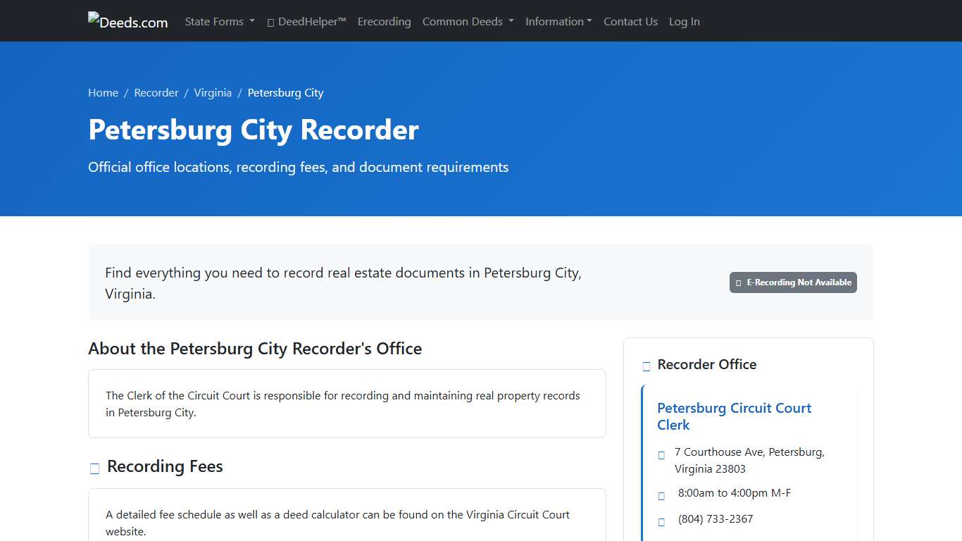 Petersburg City Recorder Information, Virginia - Deeds.com